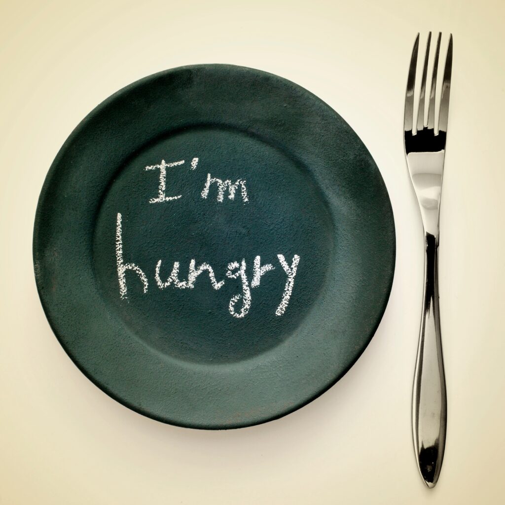 plate that says im hungry with fork