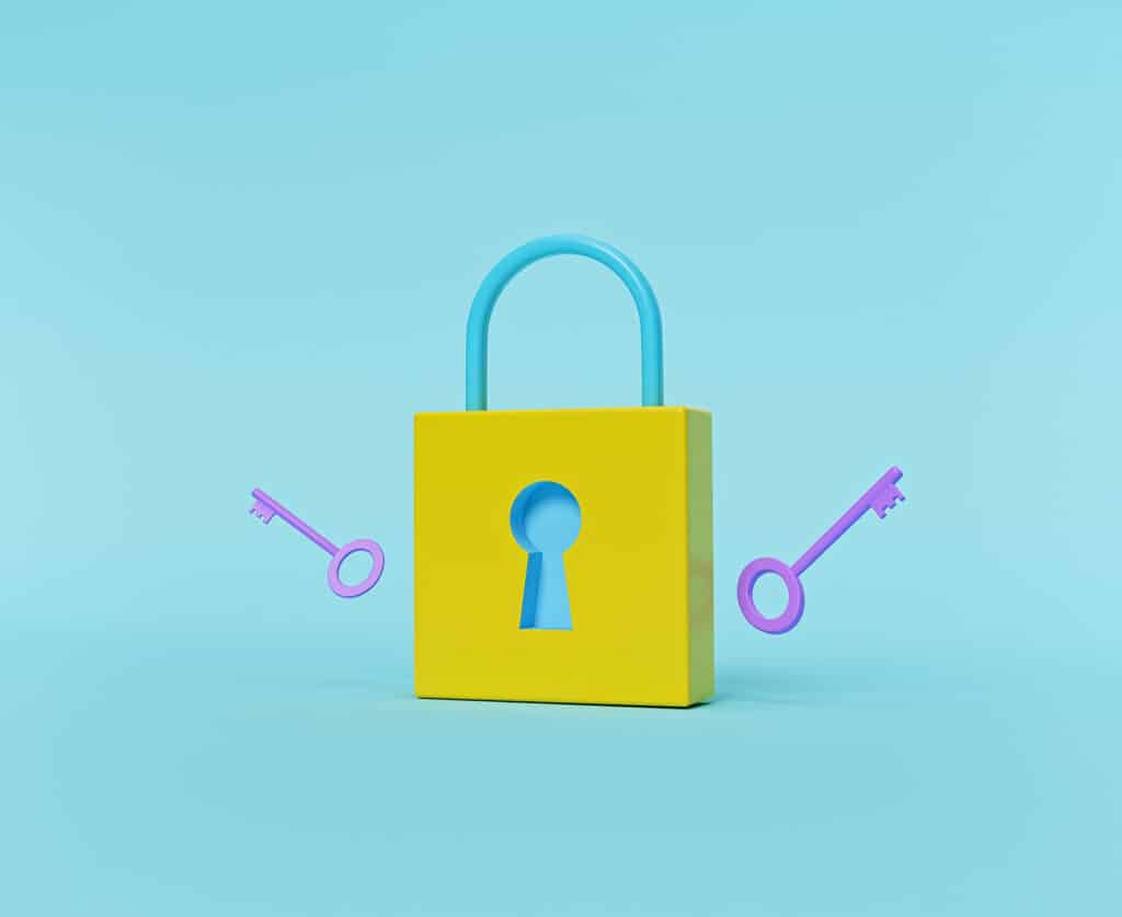 yellow lock with two purple keys