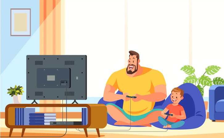 illustration of father and son playing video games together
