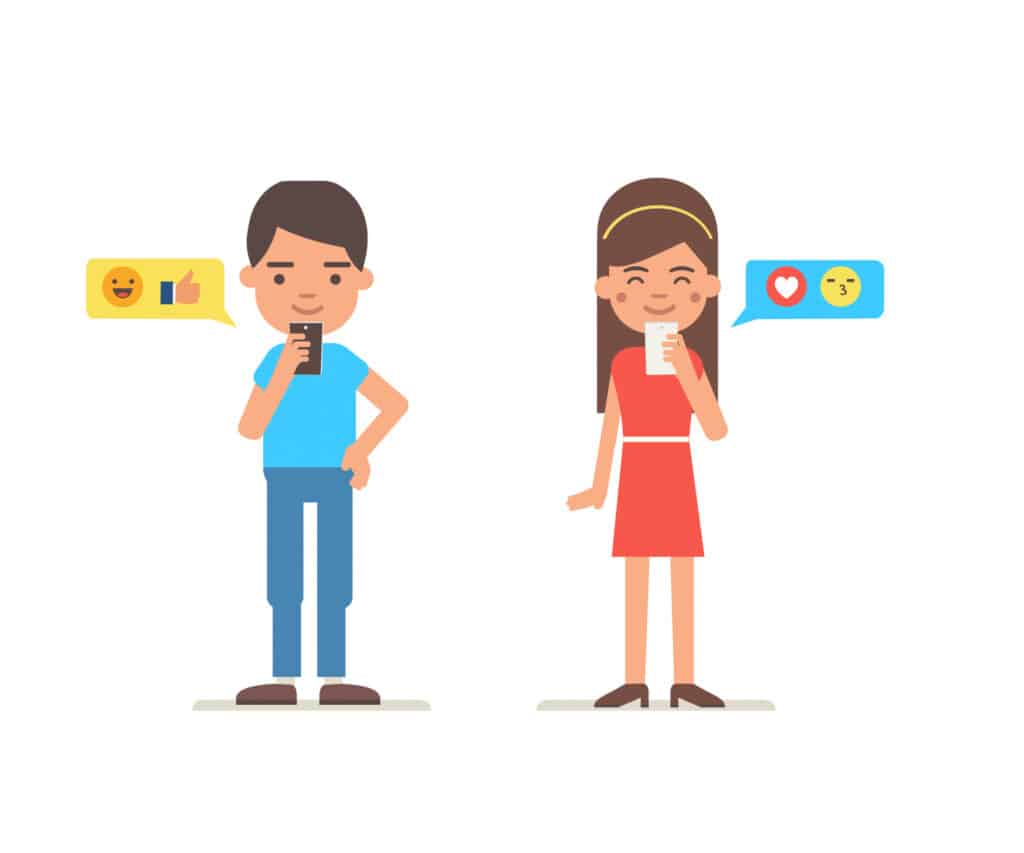 illustration of boy and girl texting emojis